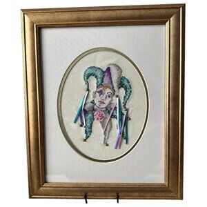 Vtg Needle Point Cross Stitch Jester Harlequin Wall Art Renaissance Columbina